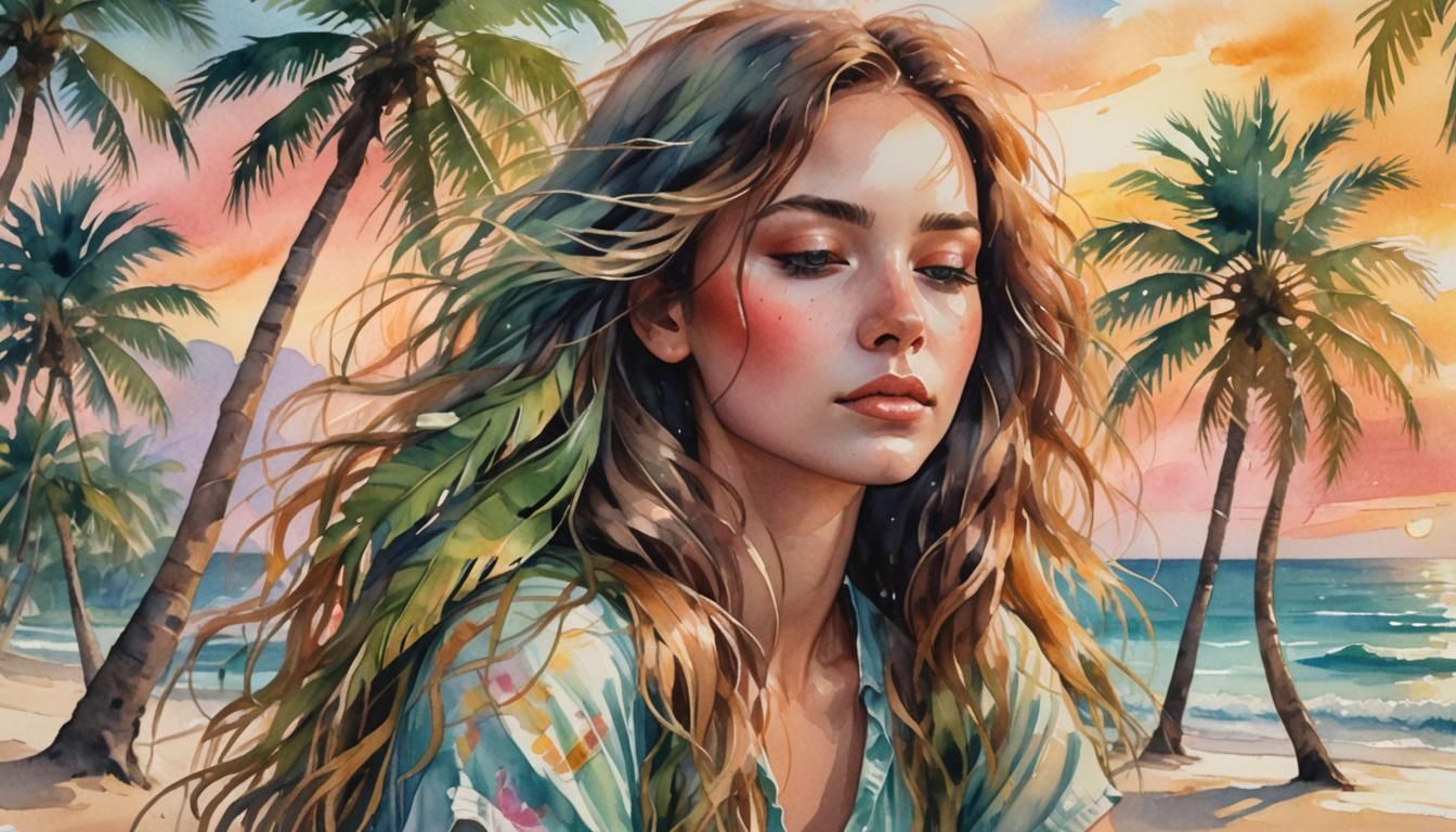 Palm Tree Hair Girl on Beach in Watercolor Style