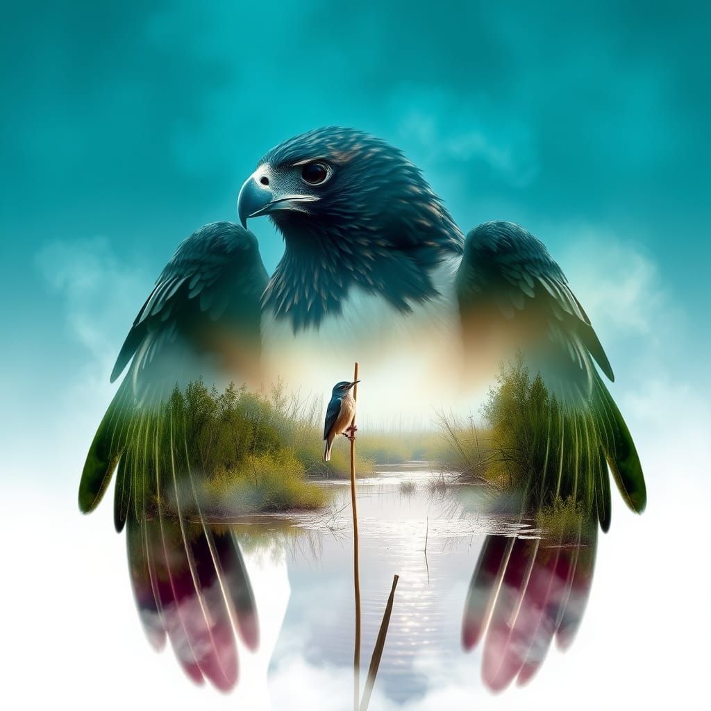 Hawk Double Exposure with Dreamy Landscape