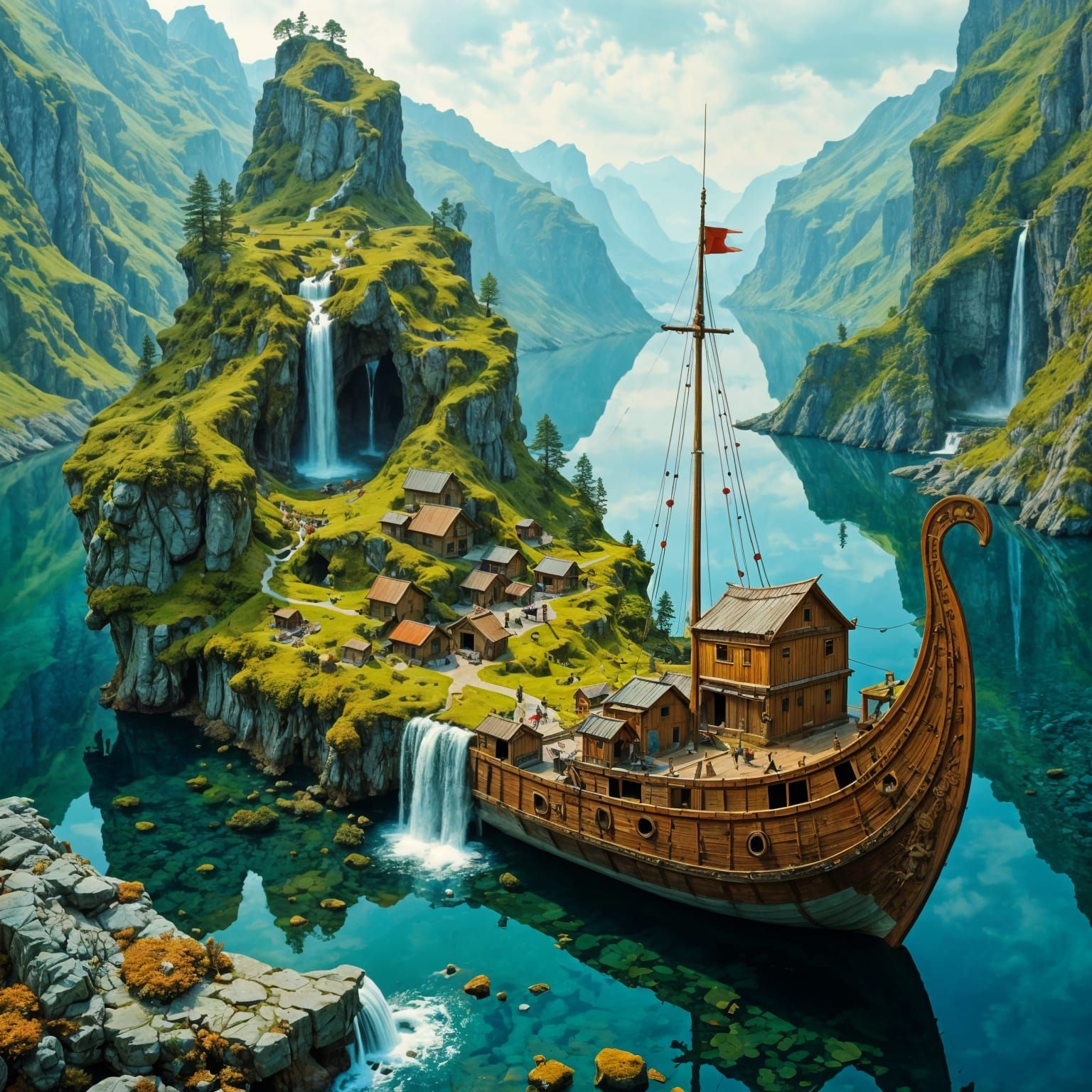 Miniature Viking World in Ornate Longship