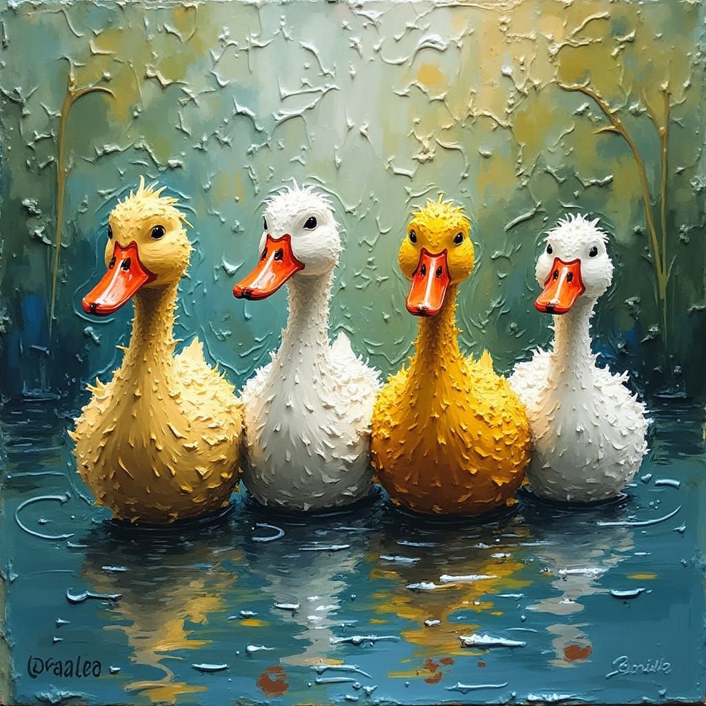 Impasto Painting of Ducks in a Row