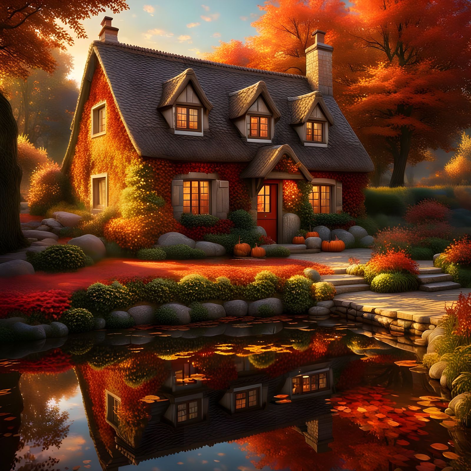 Autumn Cottage in Countryside: Hyperrealistic Digital Painti...