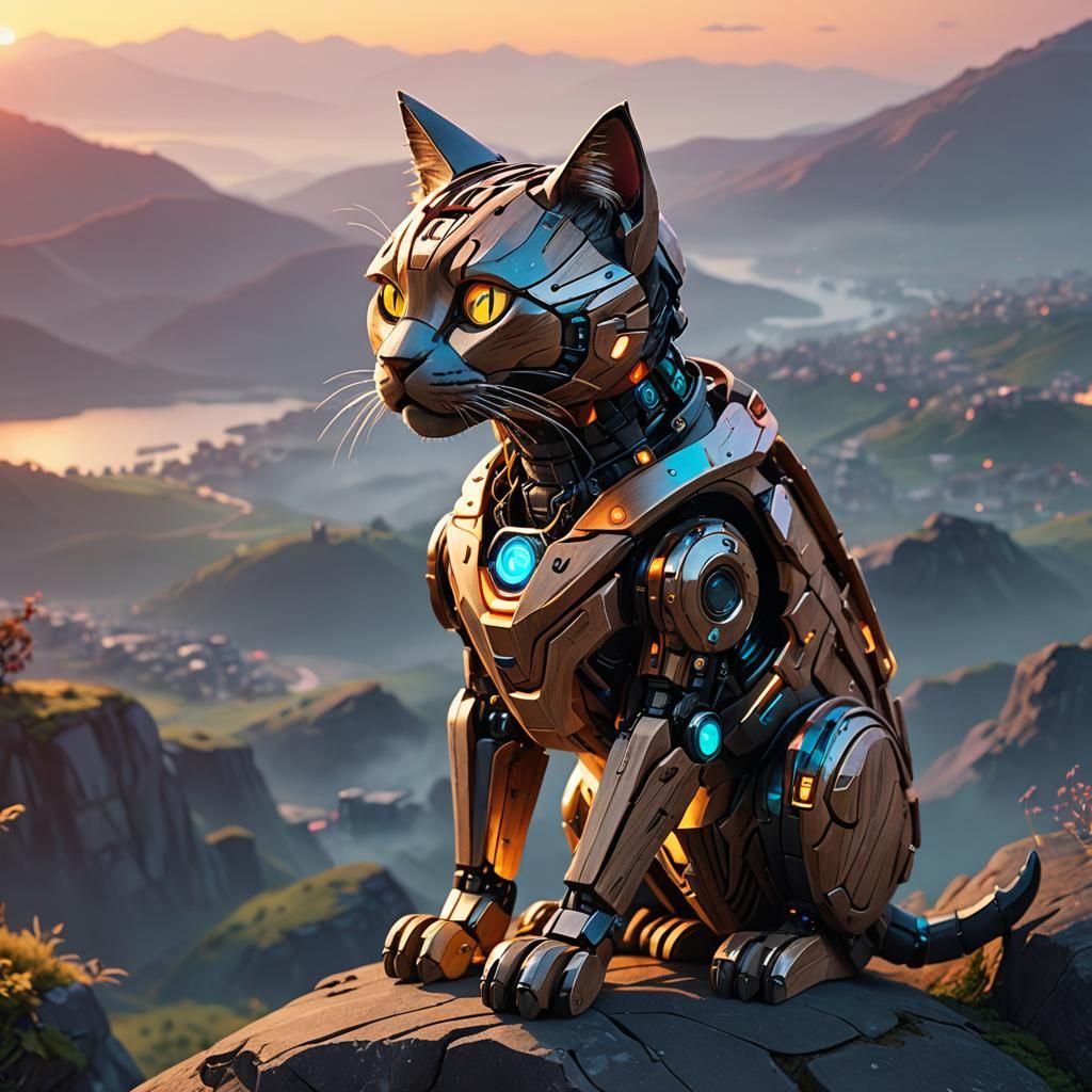 Robot Cat Watches Sunset: Anime-Inspired 3D Art