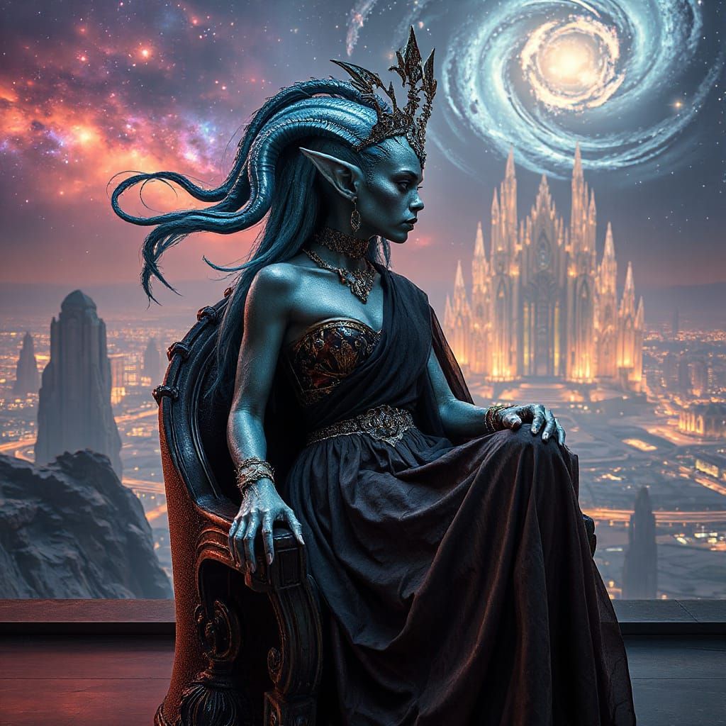 Hyperrealistic Alien Queen on Obsidian Throne