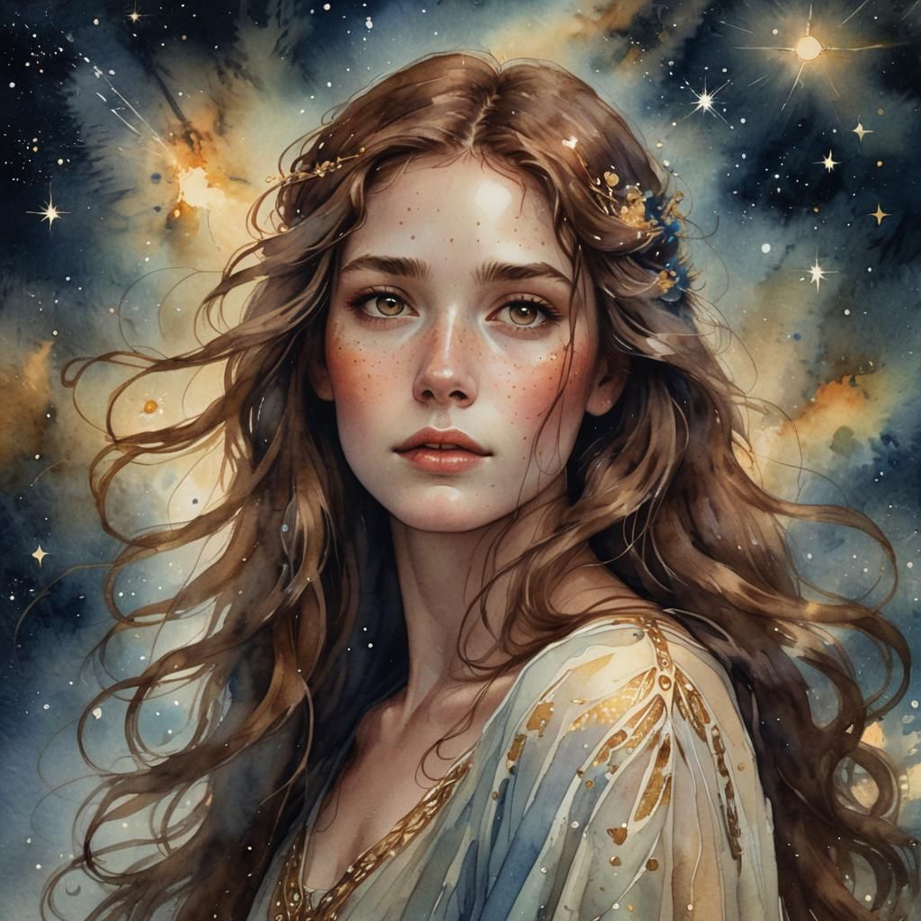 Goddess in Starscape: Digital Watercolor Portrait