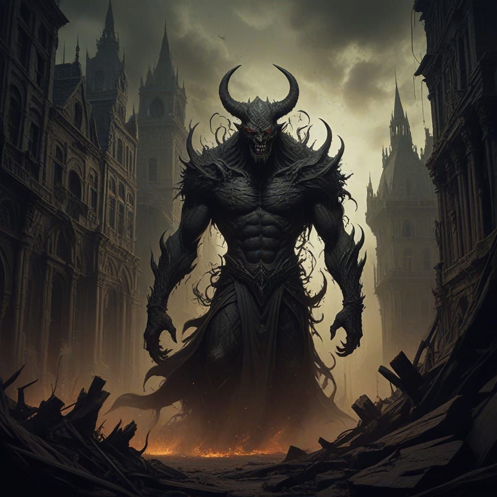 Grotesque Demon Erupts from Sandstorm in Haunting Gothic Cit...