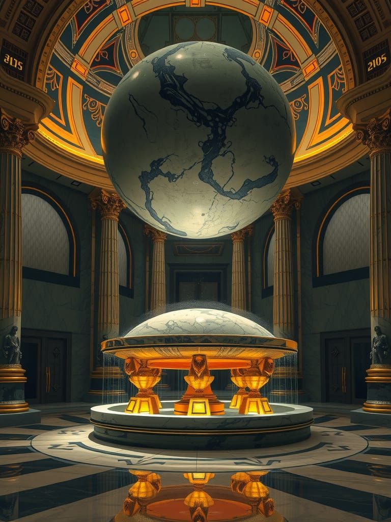 Ornate Sci-Fi Nouveau Fountain with Alien Globe