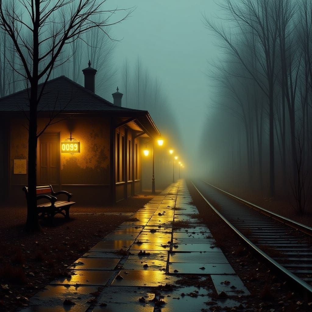 Eerie Abandoned Train Station Platform in Thick Mist
