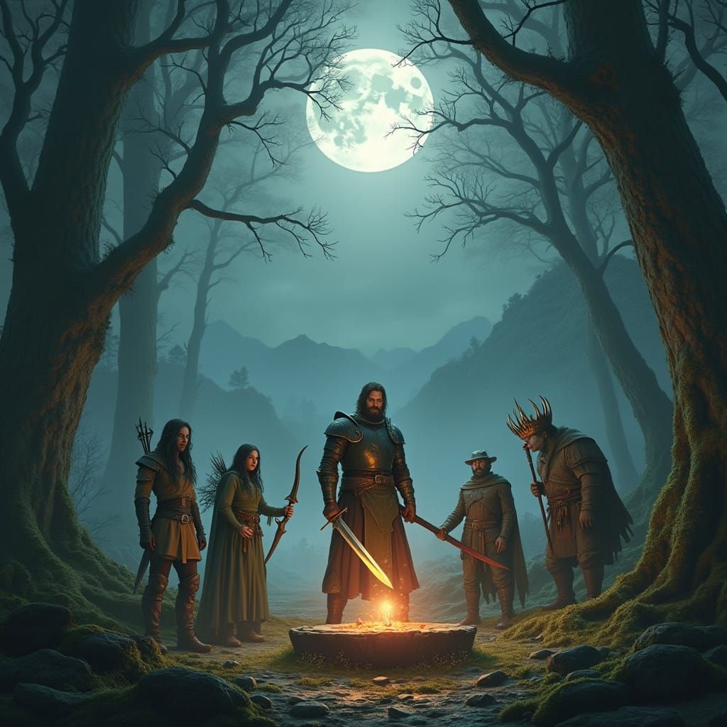 Warrior and Companions Stand Resolute in Primeval Forest und...