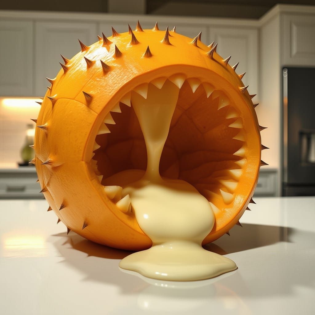 Giant Mango with Spikey Teeth Spills White Sauce on Countert...