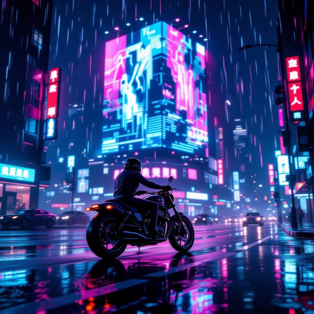 Cyberpunk Motorcyclist in a Neon Cityscape