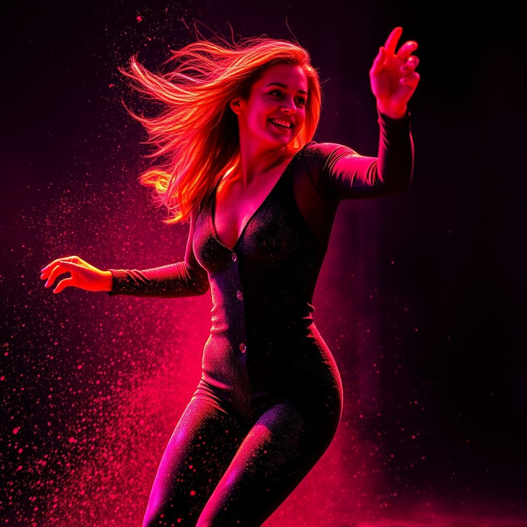 Neon Dancer in the Dark: Hyperrealistic HDR Image