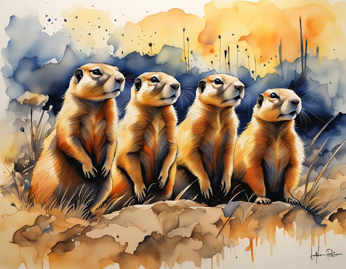 Prairie Dogs in Watercolor Brush Drawing Style