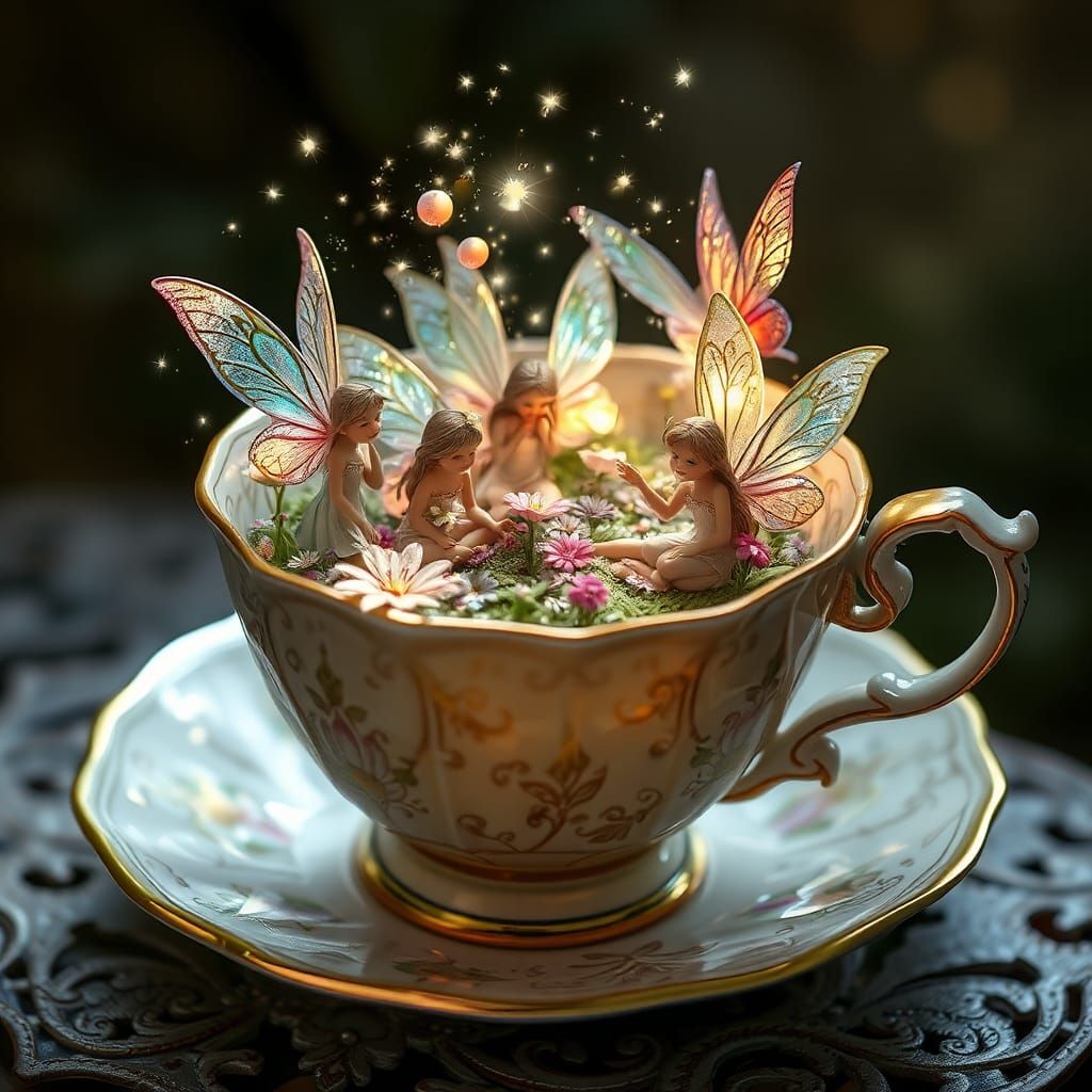 Fairies Celebrate in Antique Teacup Wonderland