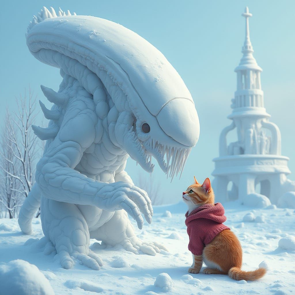Ginger Cat Meets Snow Xenomorph Before Spaceship