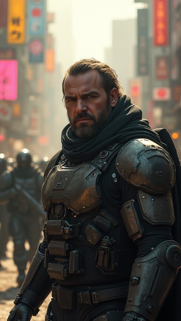 Cyberpunk Warrior in Futuristic City Streets