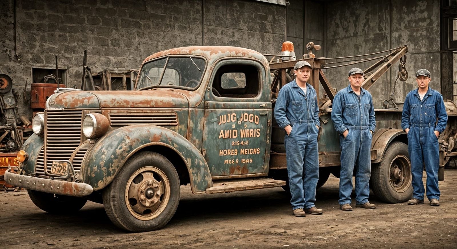 Wrecking Yard Workers with 1935 Dodge Tow Truck