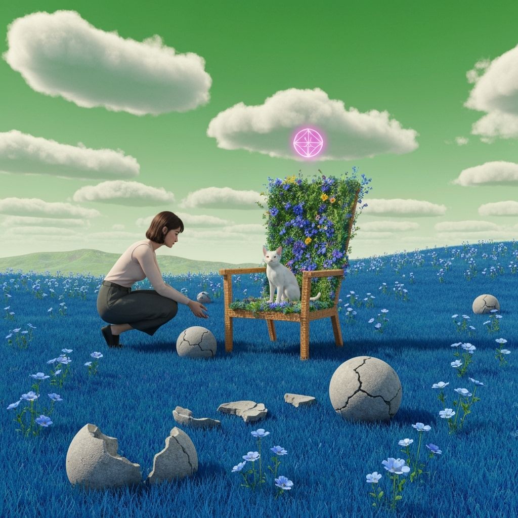 Vast Realistic Landscape with Green Sky and Blue Flowers