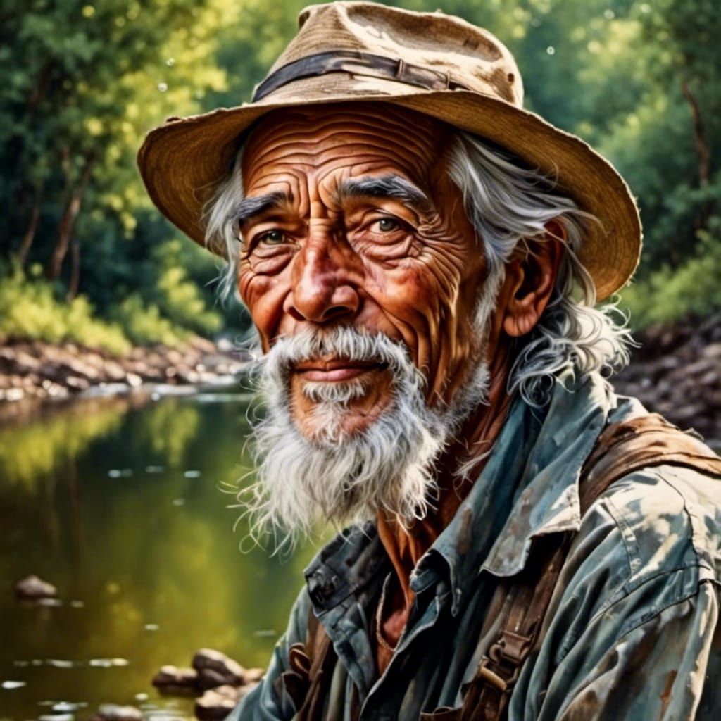 Realistic Portrait of a Wise Old Man Fishing