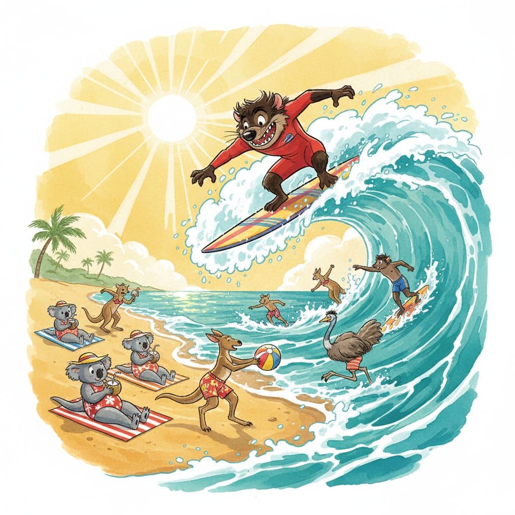 Tasmanian Devil Surfing with Aussie Animals on Beach