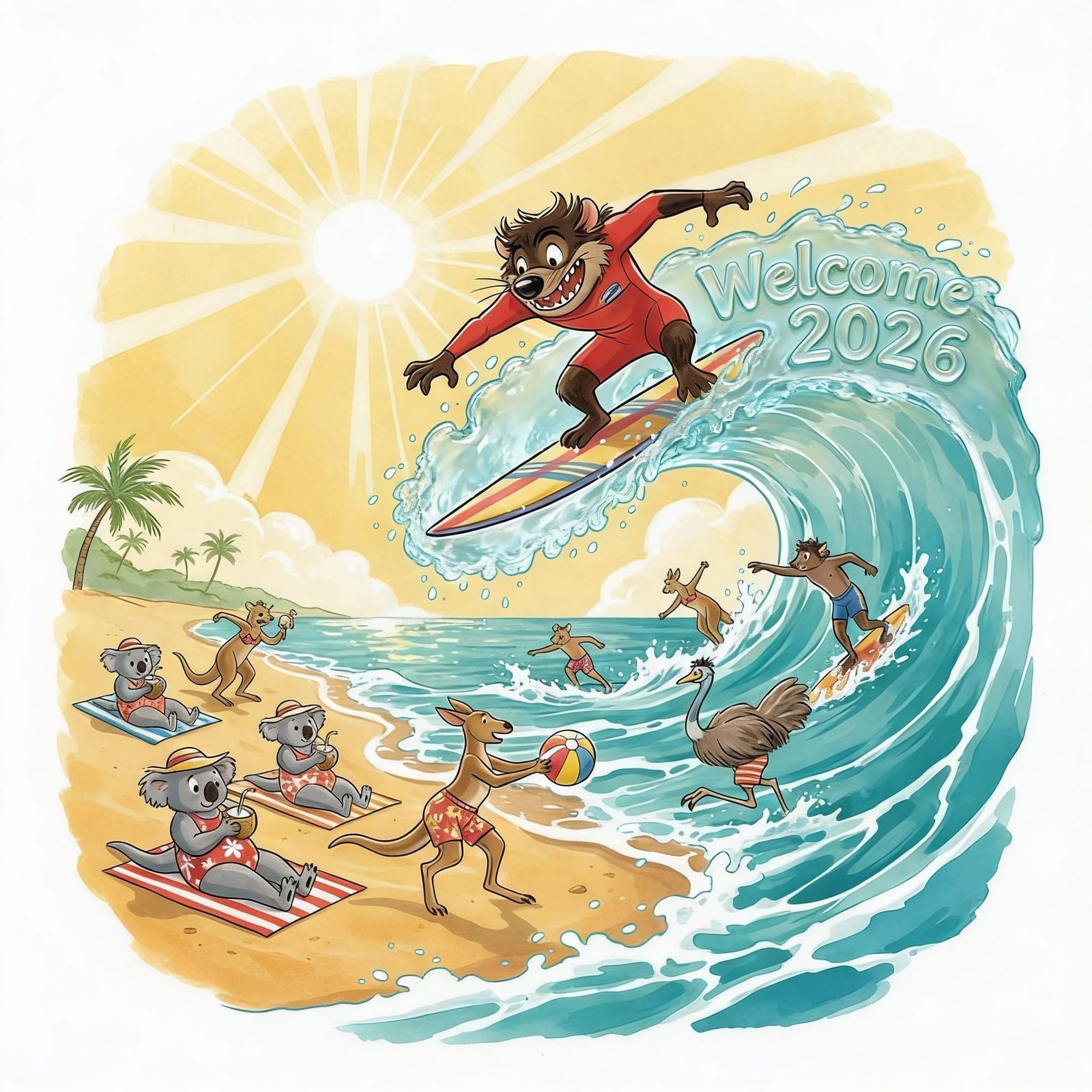 Tasmanian Devil Surfing with Aussie Animals on Beach