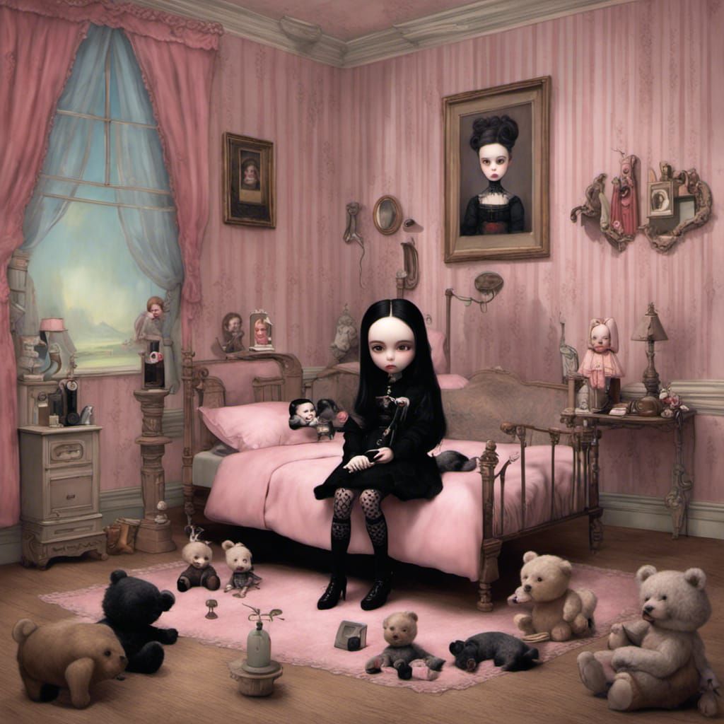 Gothic Girl in Bedroom, Pop Surrealism Style