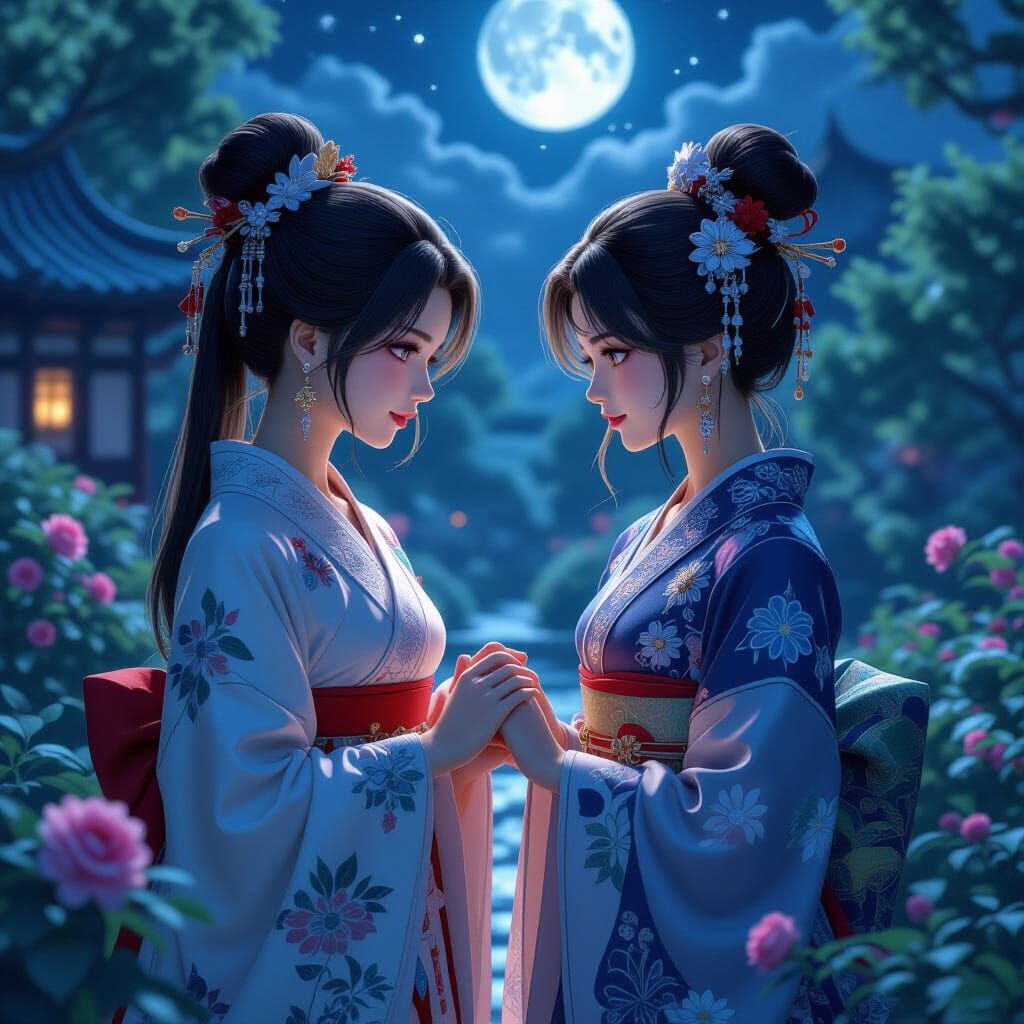 Secret Meeting of Princess and Prince in Moonlit Garden