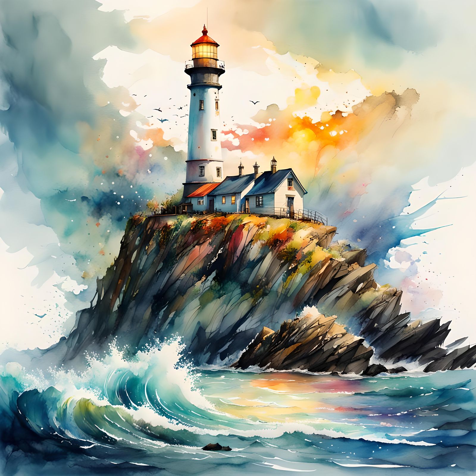 Ocean Lighthouse in Watercolor Art Style