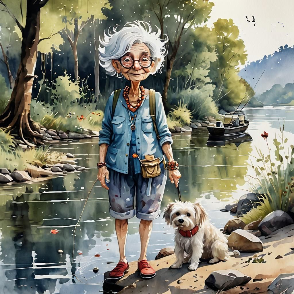 Whimsical Watercolor of a Granny Fishing