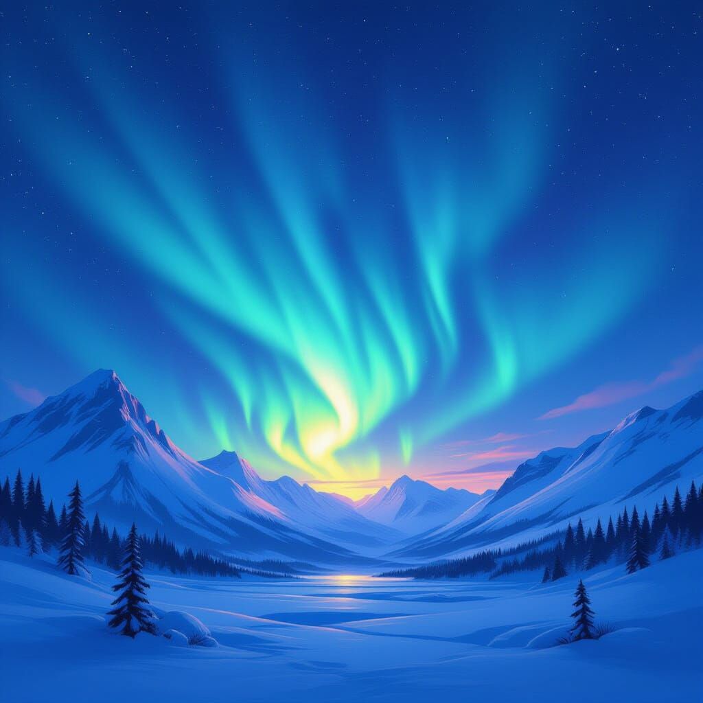 Luminous Aurora Borealis Over Snowy Mountains
