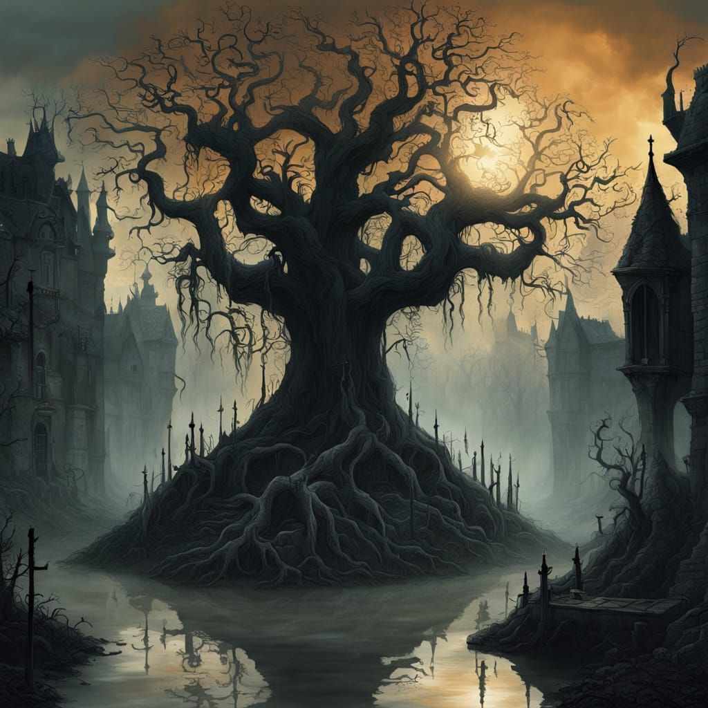 Eerie Gothic Castle Garden in Dark Fantasy Art