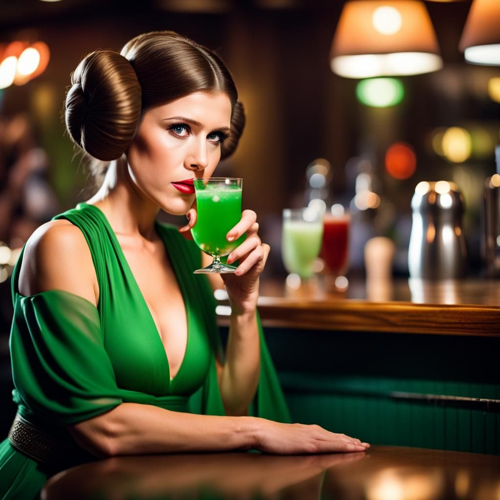 Woman in Green Dress at Bar, Professional Photo