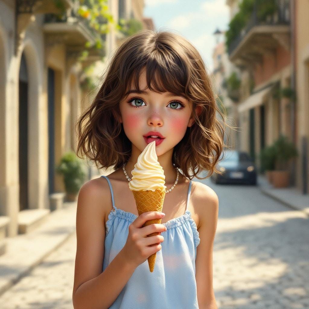 Girl with Ice Cream in Storybook Style