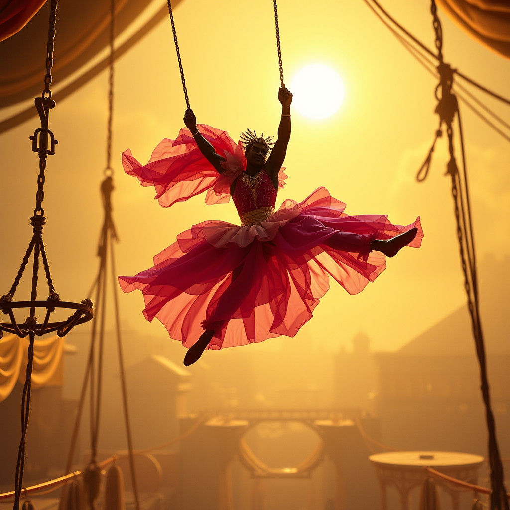 Trapeze Artist Glides Through Dreamlike Circus Scene
