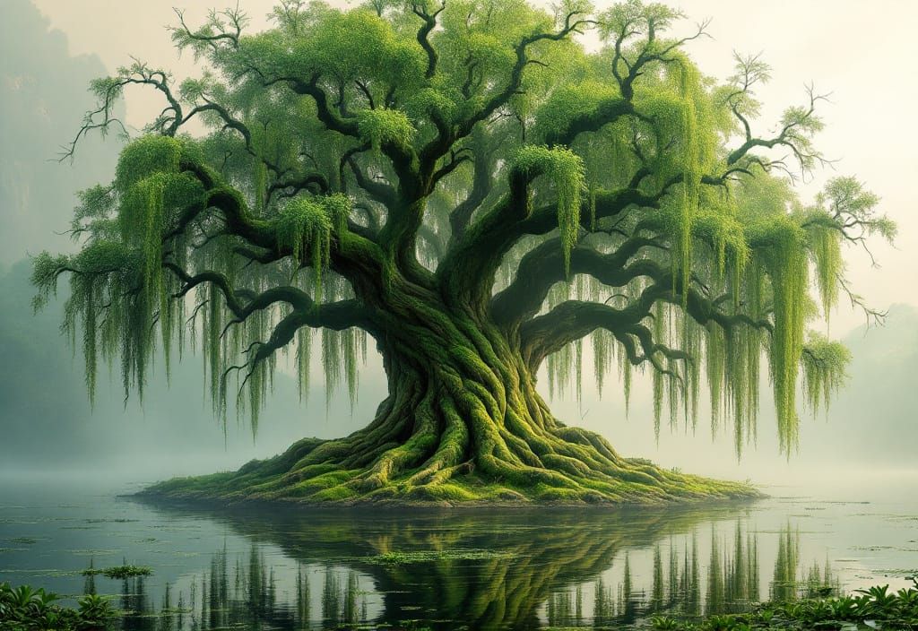 Majestic Willow Tree Reflected on Misty Lake