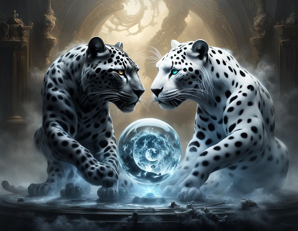 Yin Yang Leopards in Mystic Fog: Digital Illustration