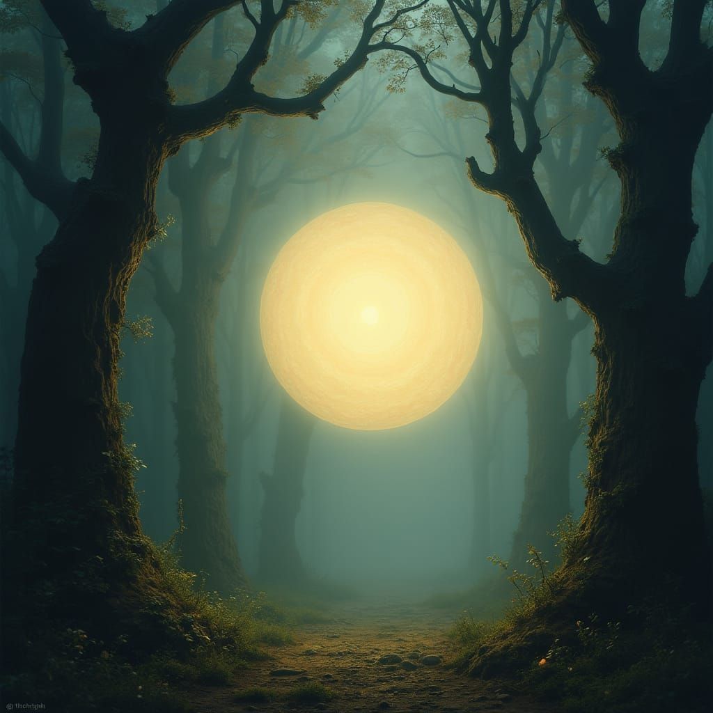 Luminous Sphere in Shadowy Forest, Atmospheric Painting