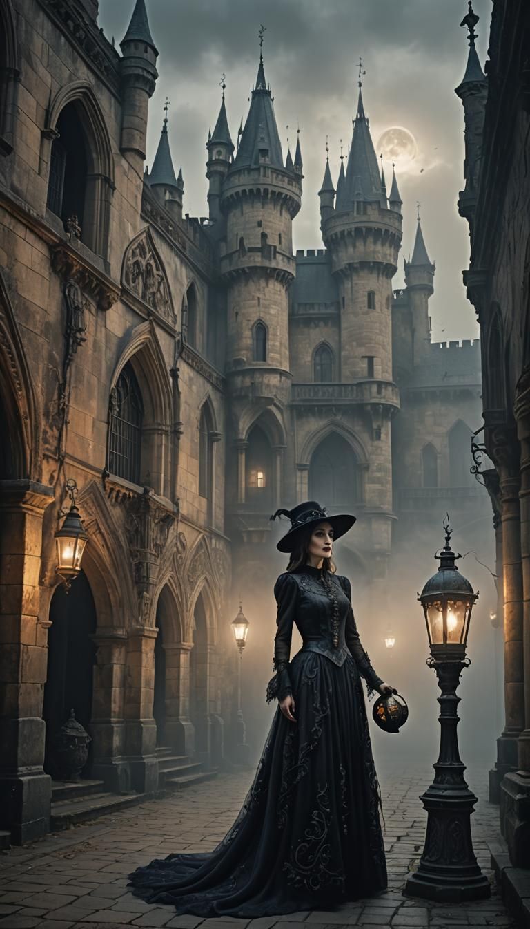 Gothic Fantasy Woman with Lantern, Dark Fantasy Art