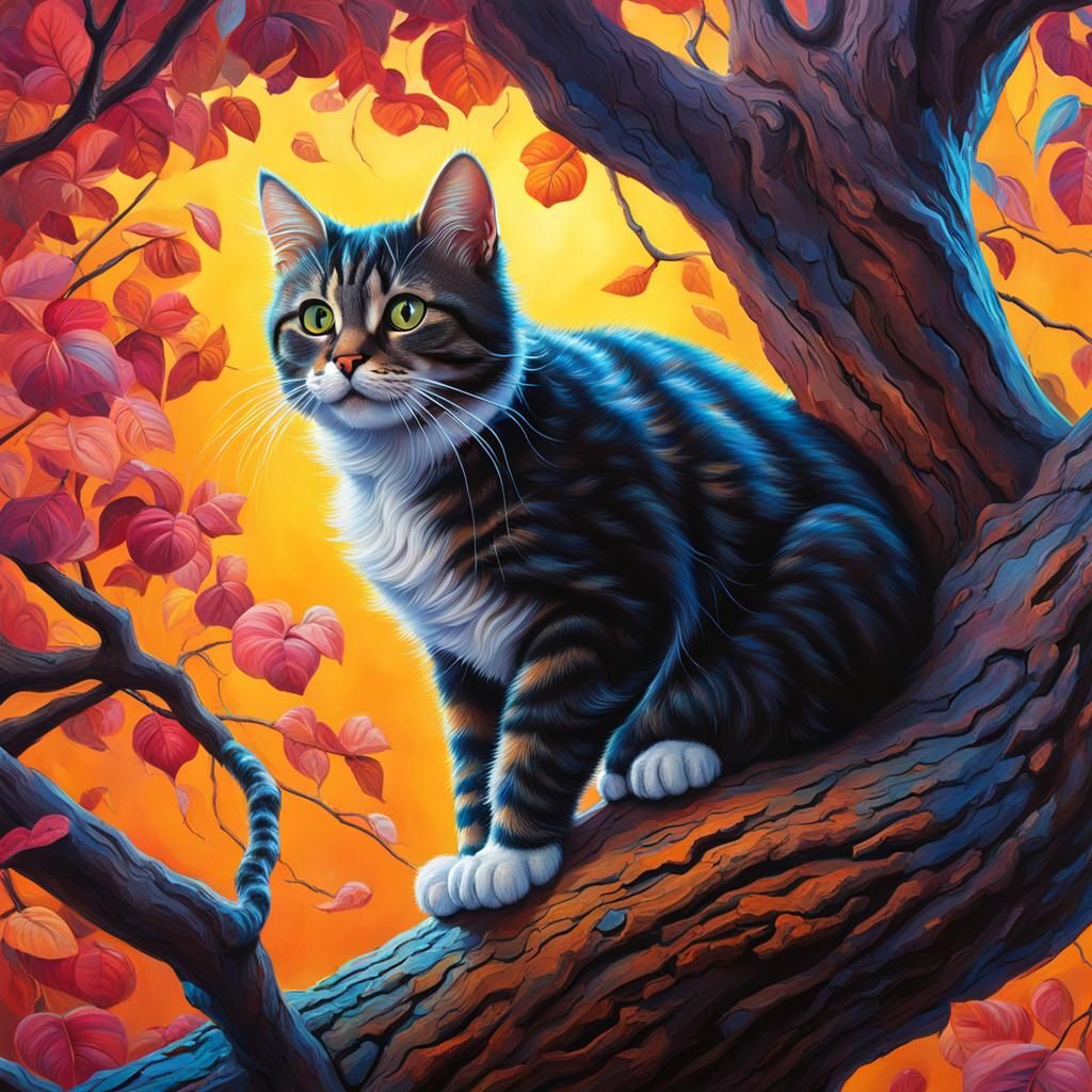 Hyperrealistic Cat Climbing Tree in Splash Art Style