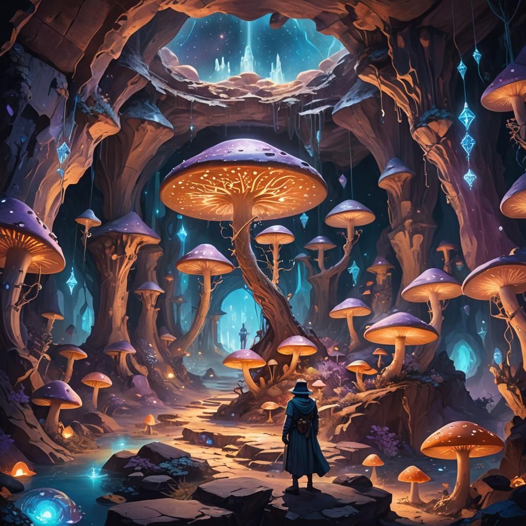 Voyager in a Fantastical Underground Cavern