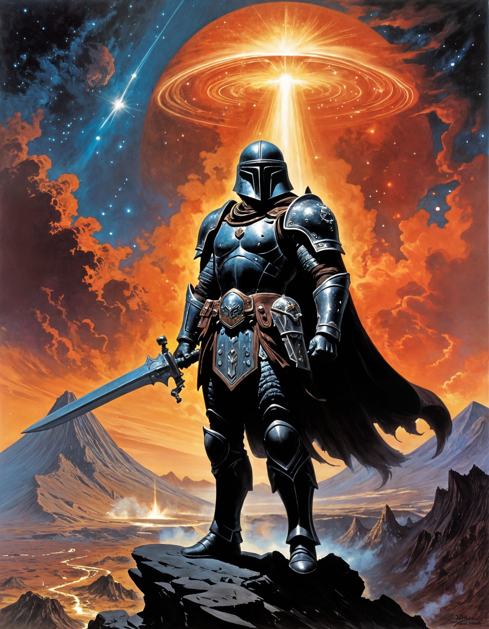 Celestial Warrior at Dormant Volcano in Dark Fantasy Style