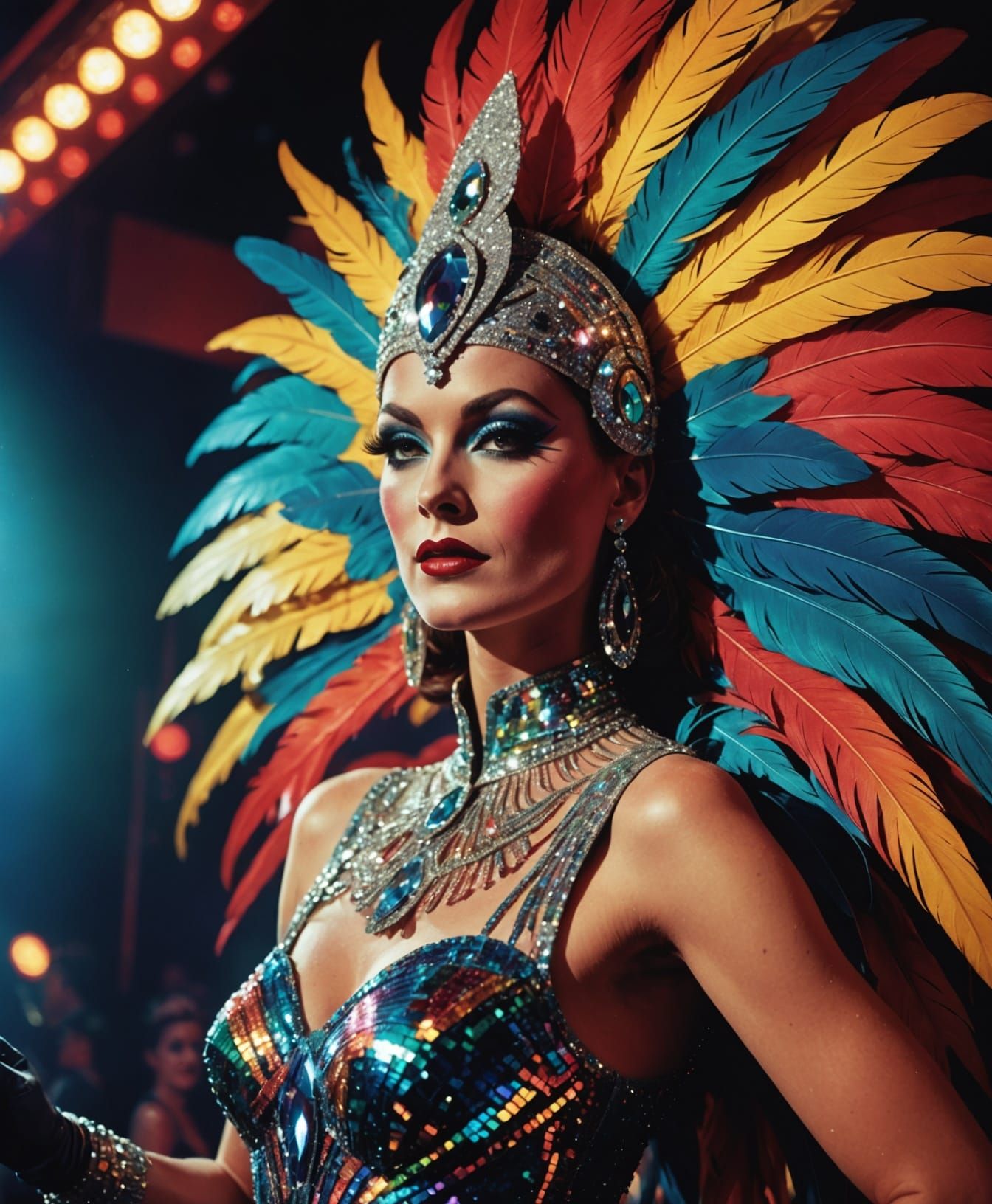 Rainbow Cabaret Dancer in Glittering Night City, Oil Paintin...