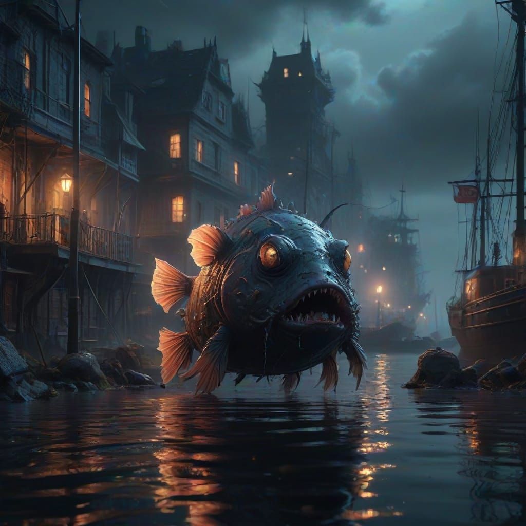 Bioluminescent Anglerfish in Cyberpunk Harbor, Digital Paint...