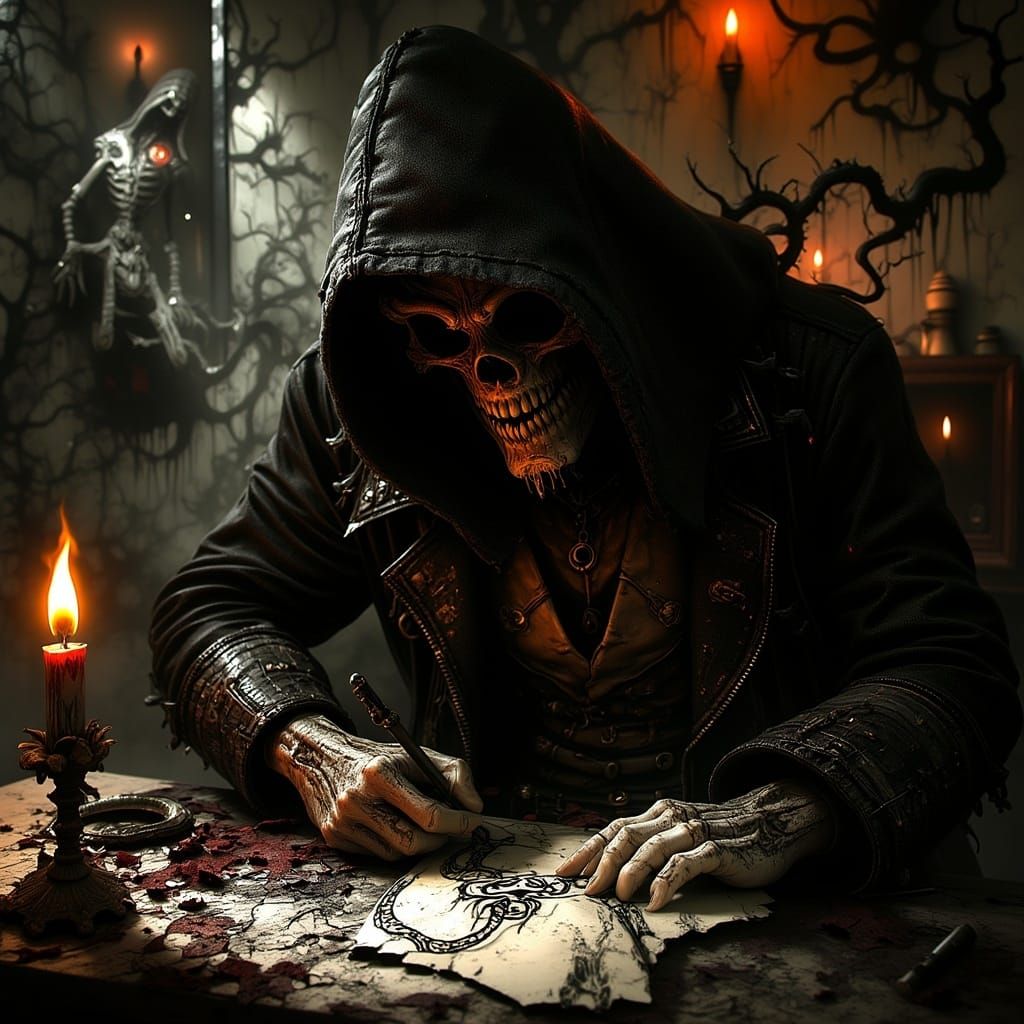 Surreal Gothic Tattoo Master in Dark, Haunting Chamber