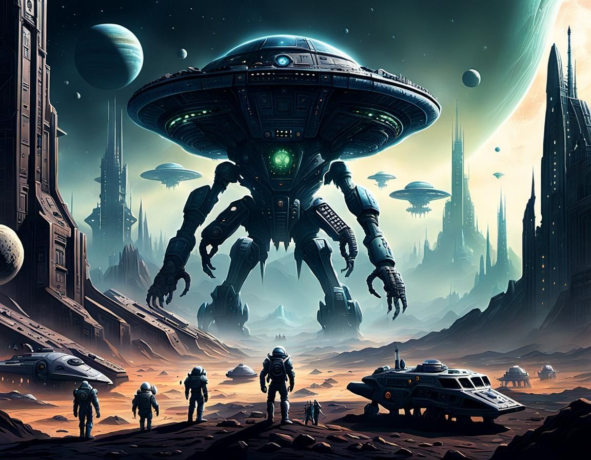 Futuristic Sci-Fi Scene with Aliens and Robots