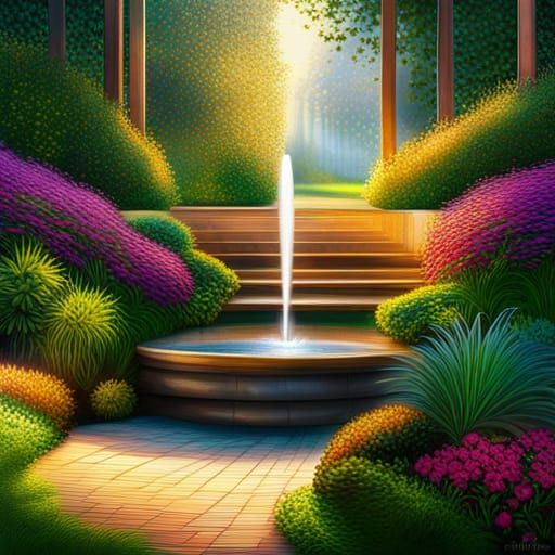 Sunset Garden with Water Fountain in Hyperrealistic Style