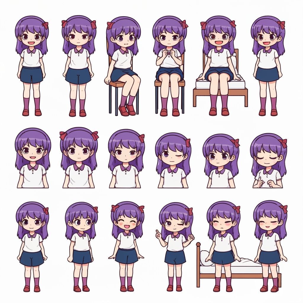 Anime Girl Character Sheet in Pixel Art Style