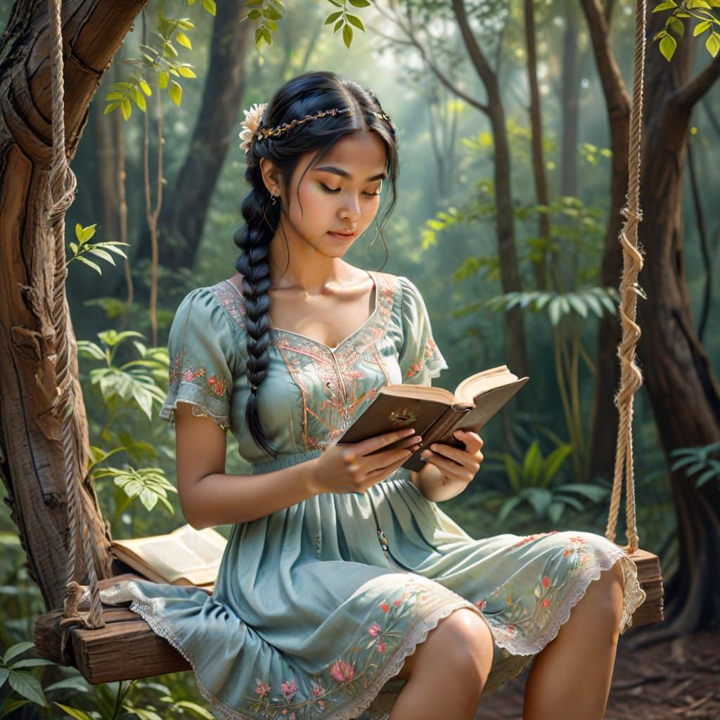 Watercolor Sketch of Girl Reading in Forest