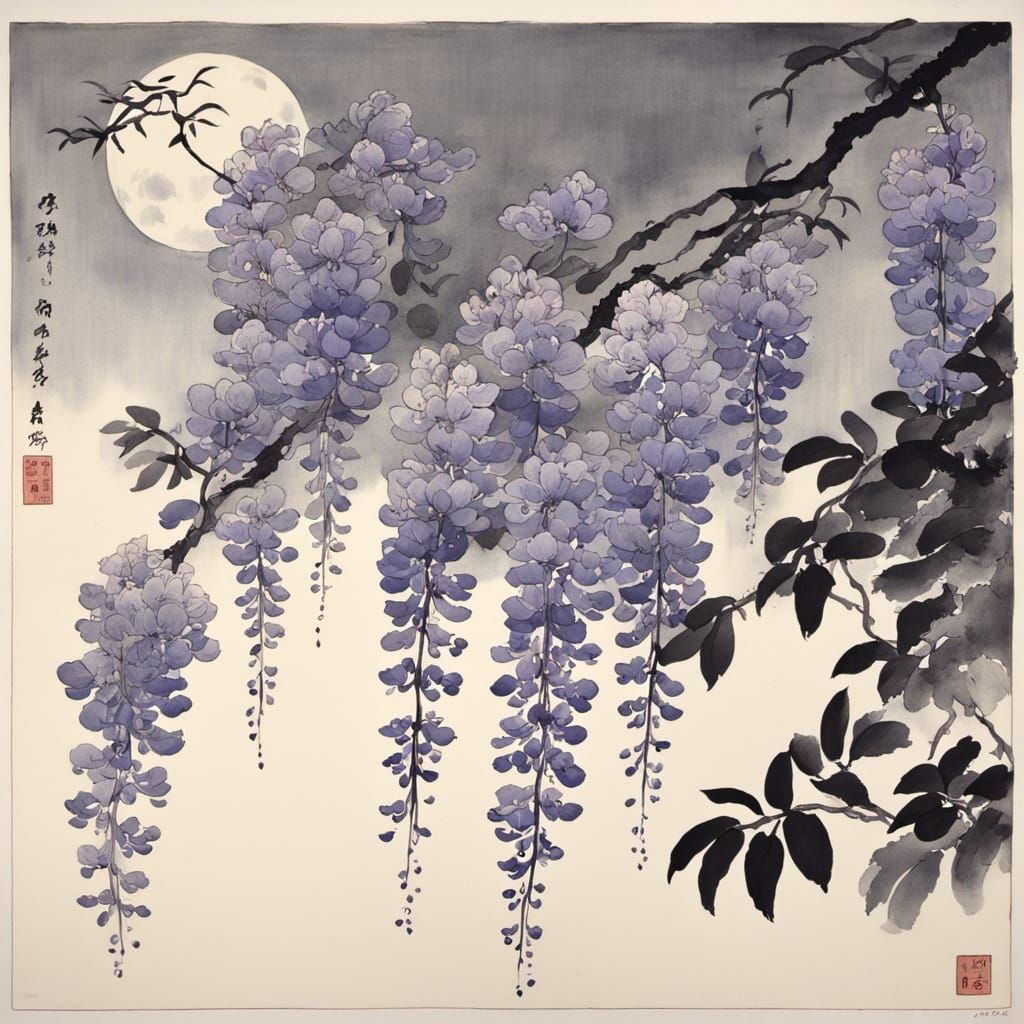 Wisteria Flowers in Moonlight: A Shin Hanga Impression