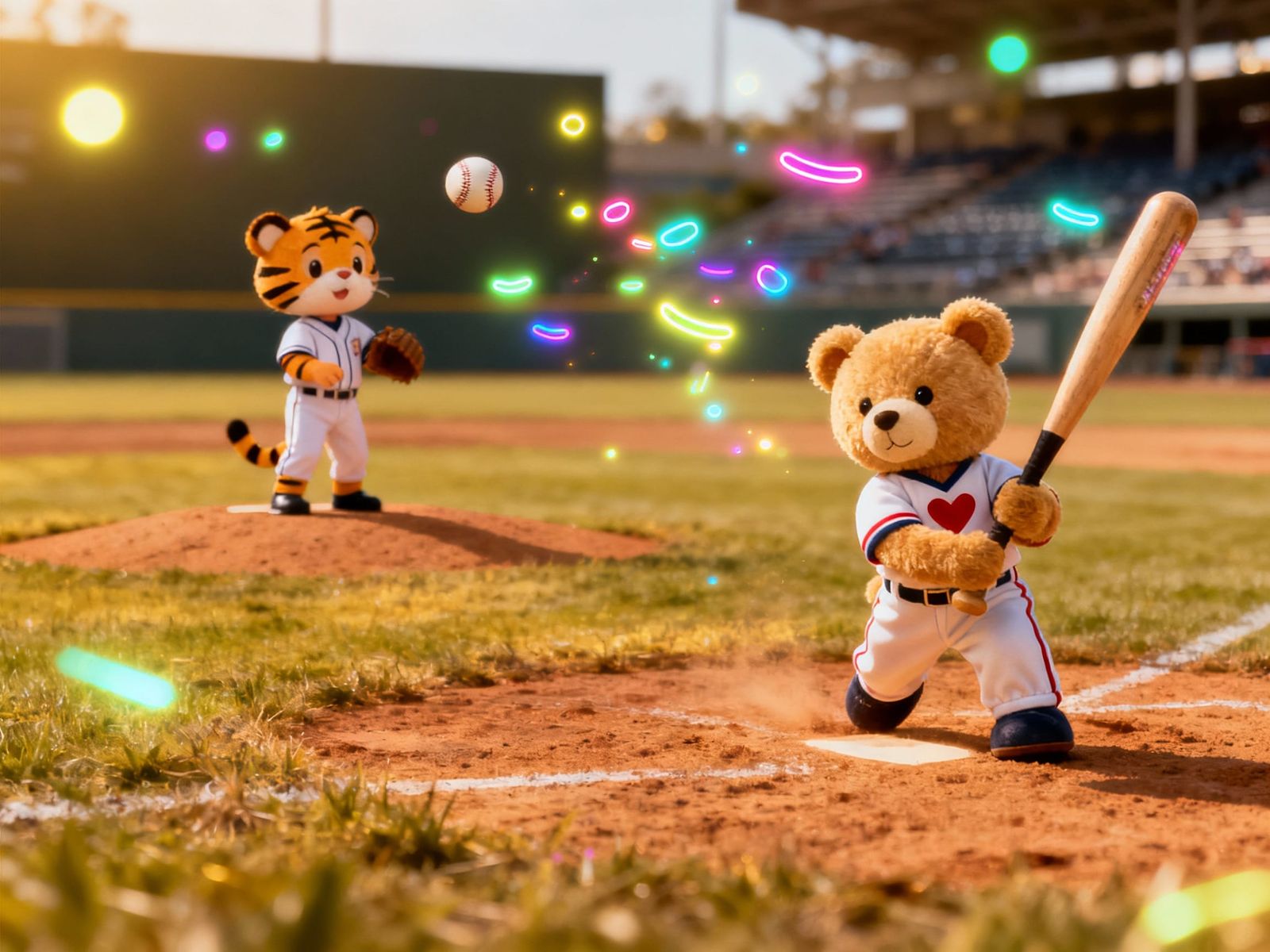 Cute Tiger Kid and Teddy Bear Play Baseball