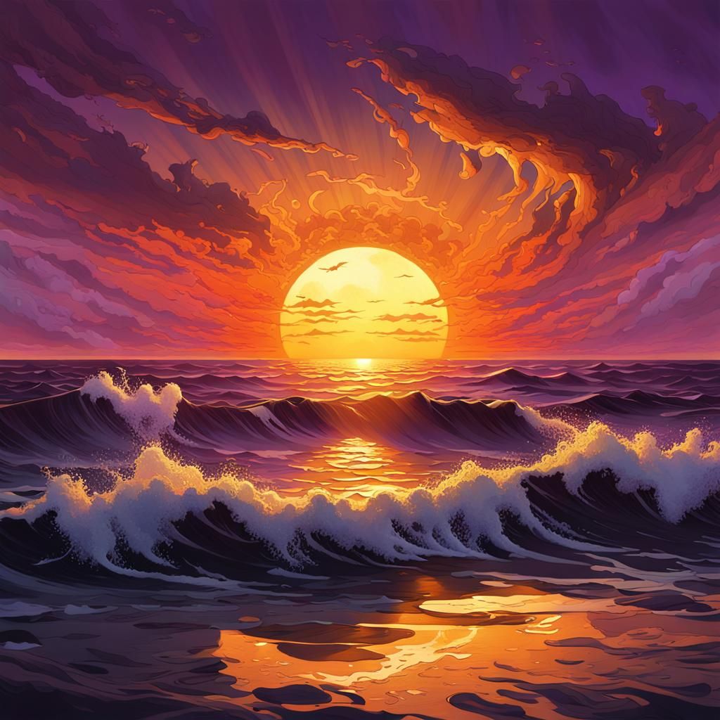 Orange Sun Sunset: Dark Fantasy Art Nouveau